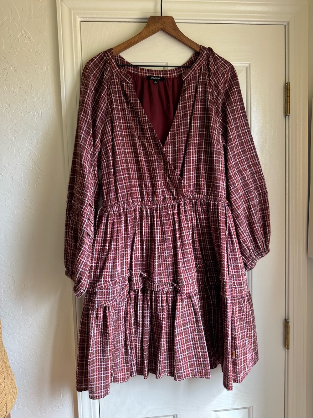 Madewell Burgundy Plaid Tiered Long-Sleeve Dress